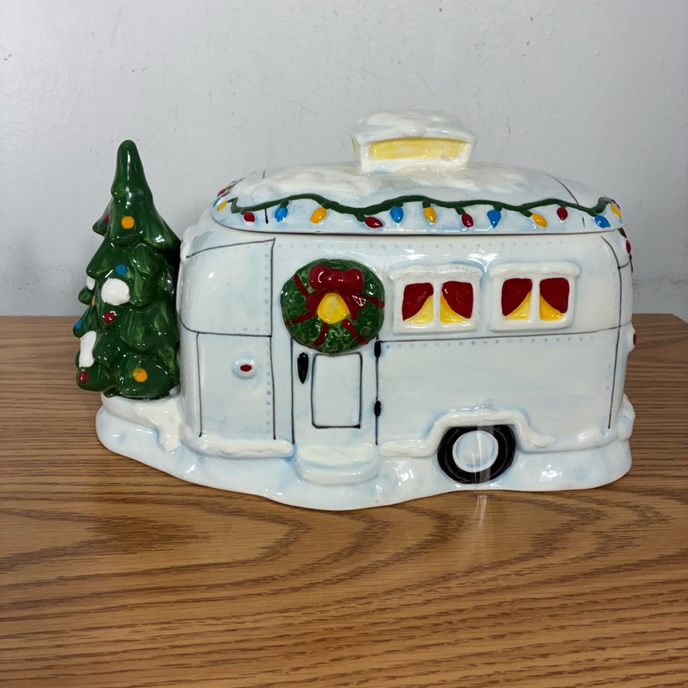 Blue sky Clayworks Christmas Camper Ceramic Cookie Jar